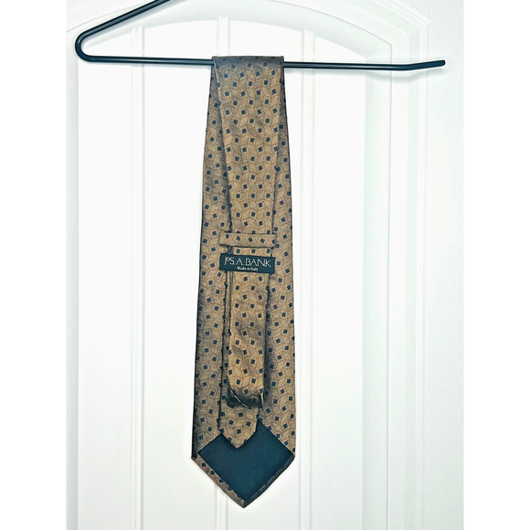 Jos. A. Bank Made In Italy Dark Gold With Blue Squares Designer Silk Tie - Picture 2 of 2